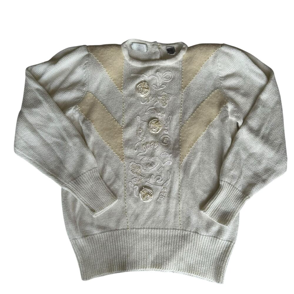 Vintage Wool Sweater Womens Size Large Retro Cottage Twee Cream Satin Floral
